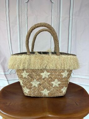 Kayu Fringe Straw Tote Bag with Star Weave Accent - Beige